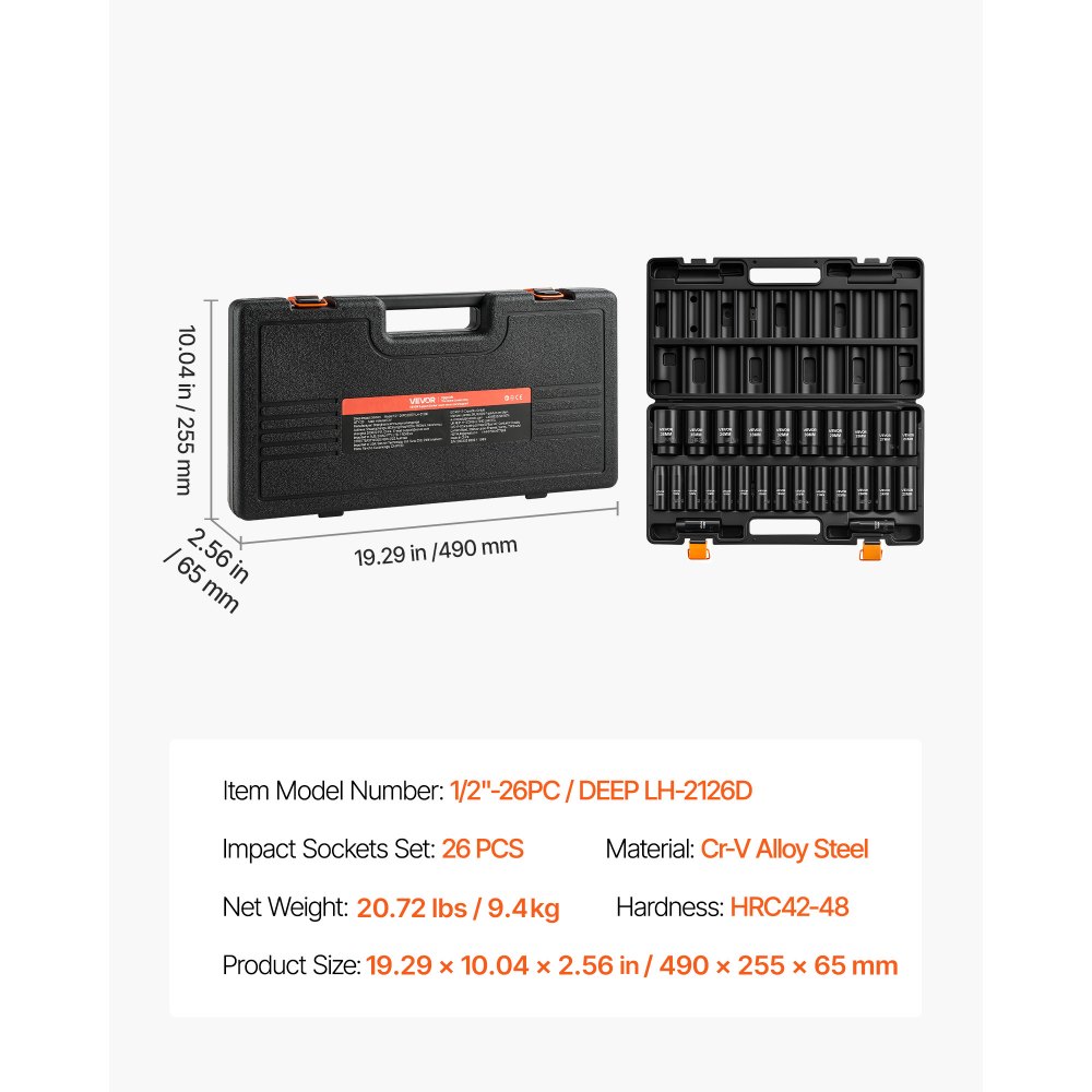 VEVOR Impact Socket Set, 1/2" Drive, 26-Piece Impact Sockets, 6-Point Sockets, Metric 10-30 mm, 32-36 mm, Easy to Identify, with a Sturdy Storage Case, Cr-V Alloy Steel Structure, for Vehicles Repair