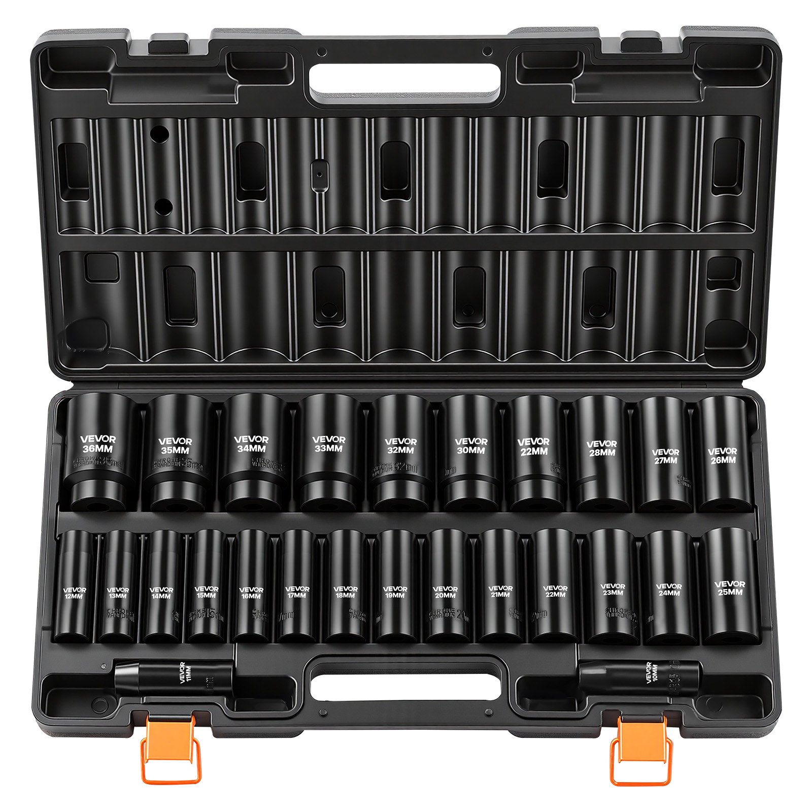 VEVOR Impact Socket Set, 1/2" Drive, 26-Piece Impact Sockets, 6-Point Sockets, Metric 10-30 mm, 32-36 mm, Easy to Identify, with a Sturdy Storage Case, Cr-V Alloy Steel Structure, for Vehicles Repair