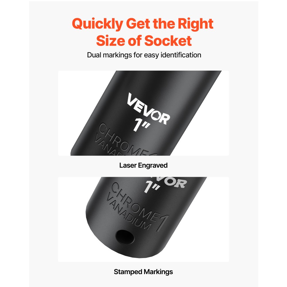 VEVOR Impact Socket Set, 1/2" Drive, 65-Piece Socket Set, 6 Point Sockets, SAE 3/8" to 1-1/4" and Metric 10-24 mm, Easy to Identify, with a Sturdy Storage Case, Cr-V Alloy Steel for Vehicles Repair