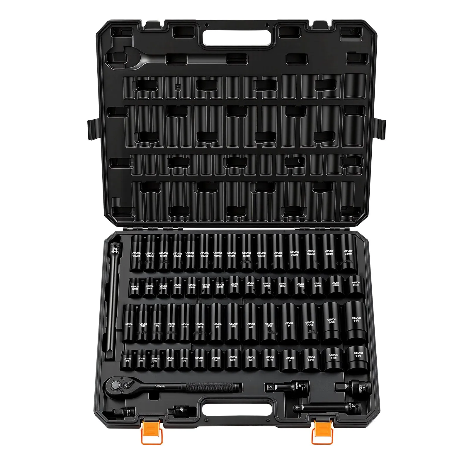 VEVOR Impact Socket Set, 1/2" Drive, 65-Piece Socket Set, 6 Point Sockets, SAE 3/8" to 1-1/4" and Metric 10-24 mm, Easy to Identify, with a Sturdy Storage Case, Cr-V Alloy Steel for Vehicles Repair