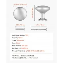 VEVOR Cabinet Knobs Drawer Kitchen Pulls 25 Pack 28 mm Mushroom Knob Zinc Alloy
