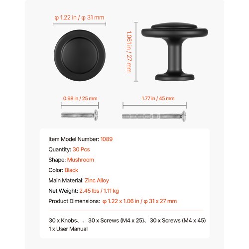 VEVOR Cabinet Knobs, 25 Pack, 1.1 Inch Zinc Alloy Drawer Pulls