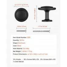VEVOR Cabinet Knobs Drawer Kitchen Pulls 30 Pack 31 mm Mushroom Knob Zinc Alloy