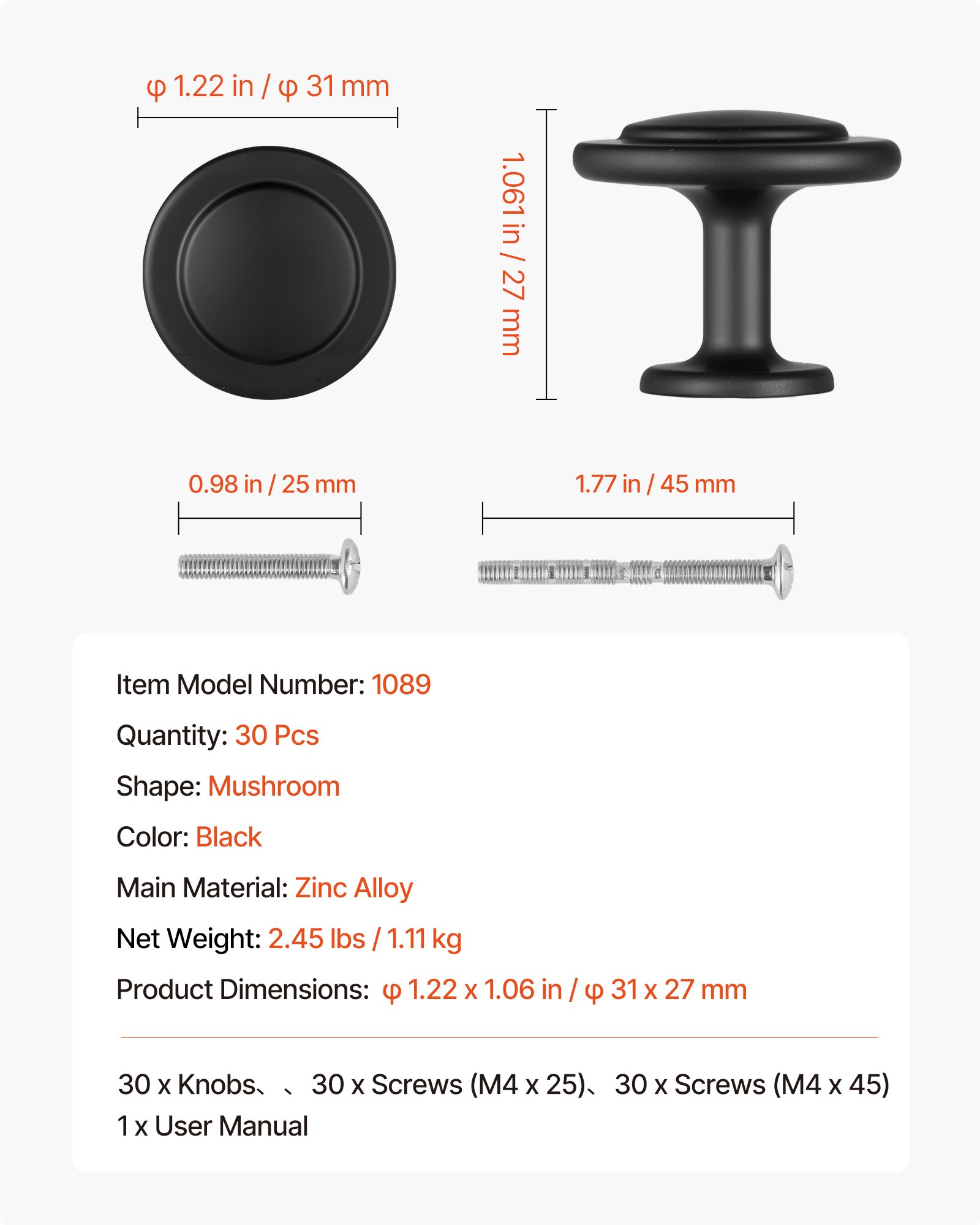 VEVOR Cabinet Knobs, 30 Pack, 31 mm Black Zinc Alloy Drawer Pulls & Door Handles, Mushroom Kitchen Solid Knobs Dresser Handles, Cupboard Hardware with Screws for Bathroom Closet Cabinets and Drawers