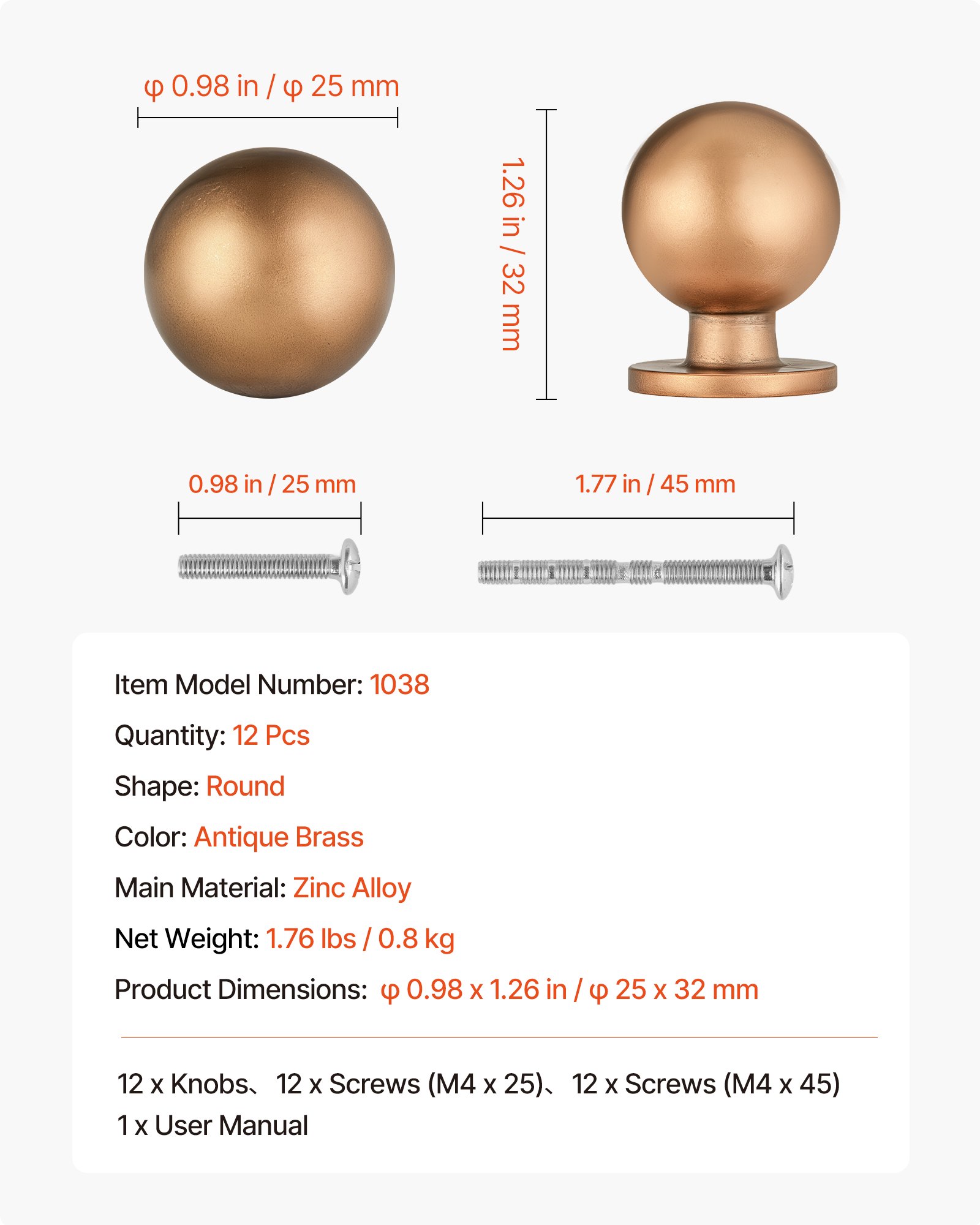 VEVOR Cabinet Knobs, 12 Pack, 0.98 Inch Zinc Alloy Drawer Pulls Door Handles, Round Kitchen Dresser Solid Knobs Cupboard Hardware with Screws for Bathroom Closet Cabinets Drawers, Antique Brass Color