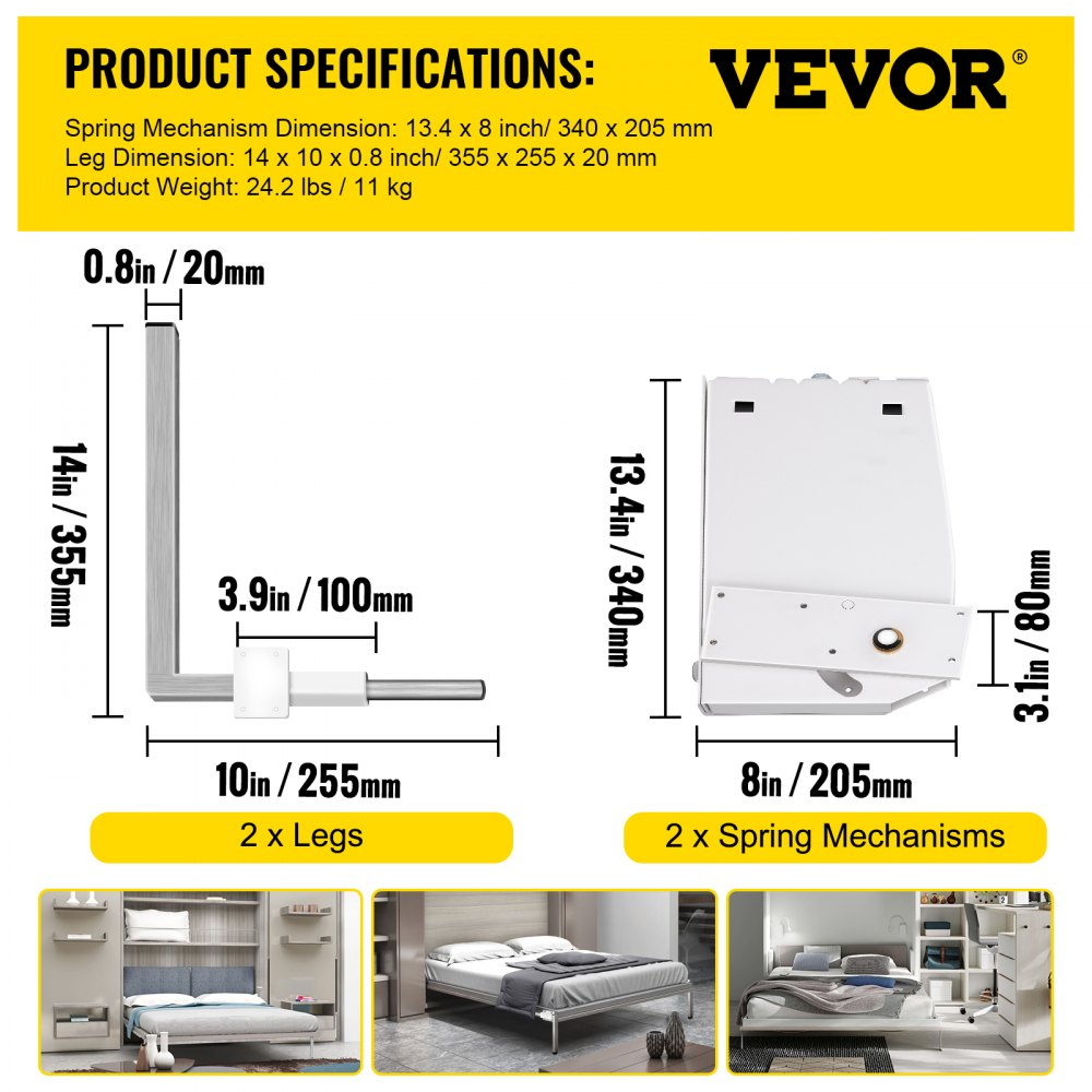 VEVOR Murphy Mounting Wall Springs Mechanism Heavy Duty Support Hardware DIY Kit for King Queen Bed (Vertical), White