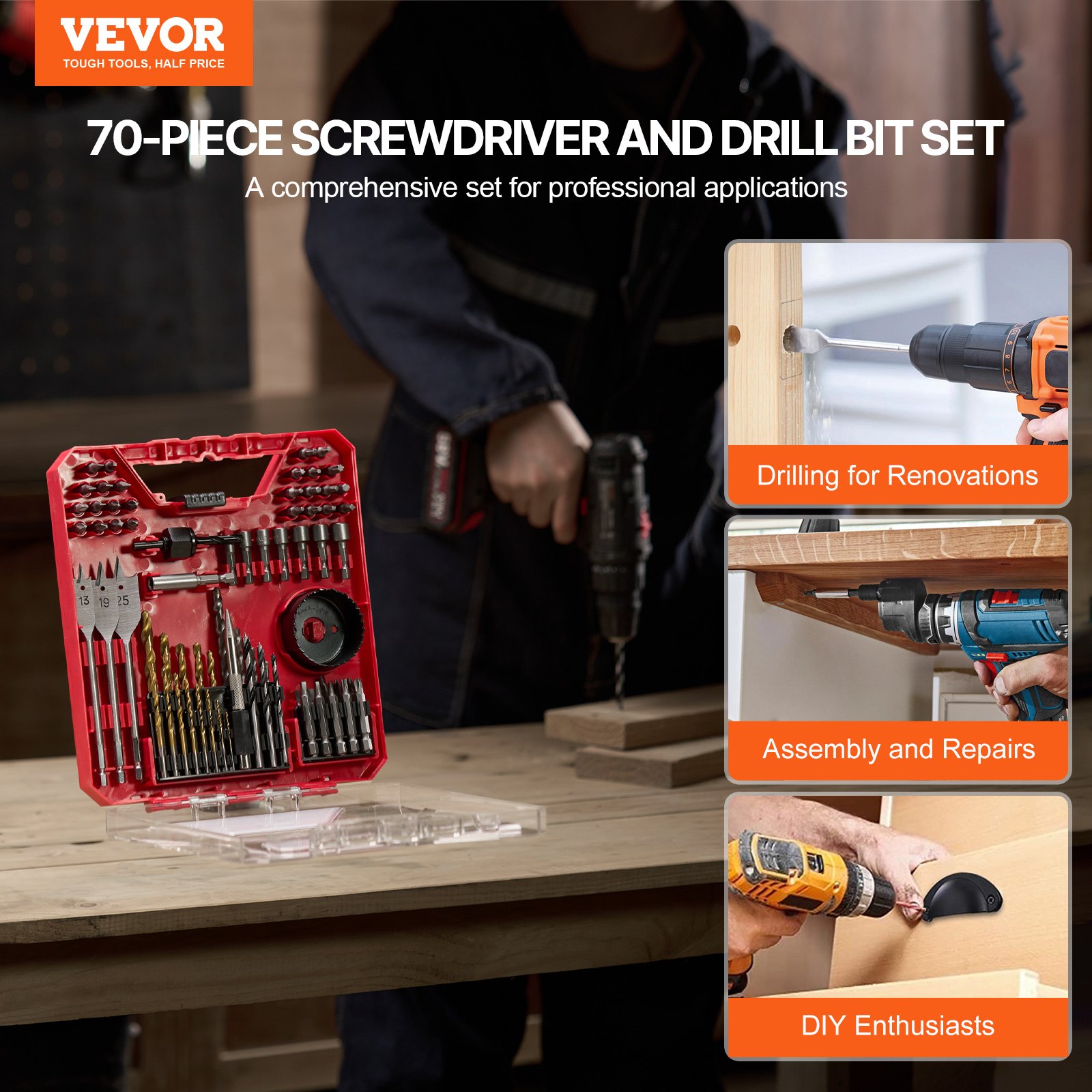 VEVOR Drill Bit Set 70 PCS Screwdriver Bit Set with Carrying Case Multi-purpose