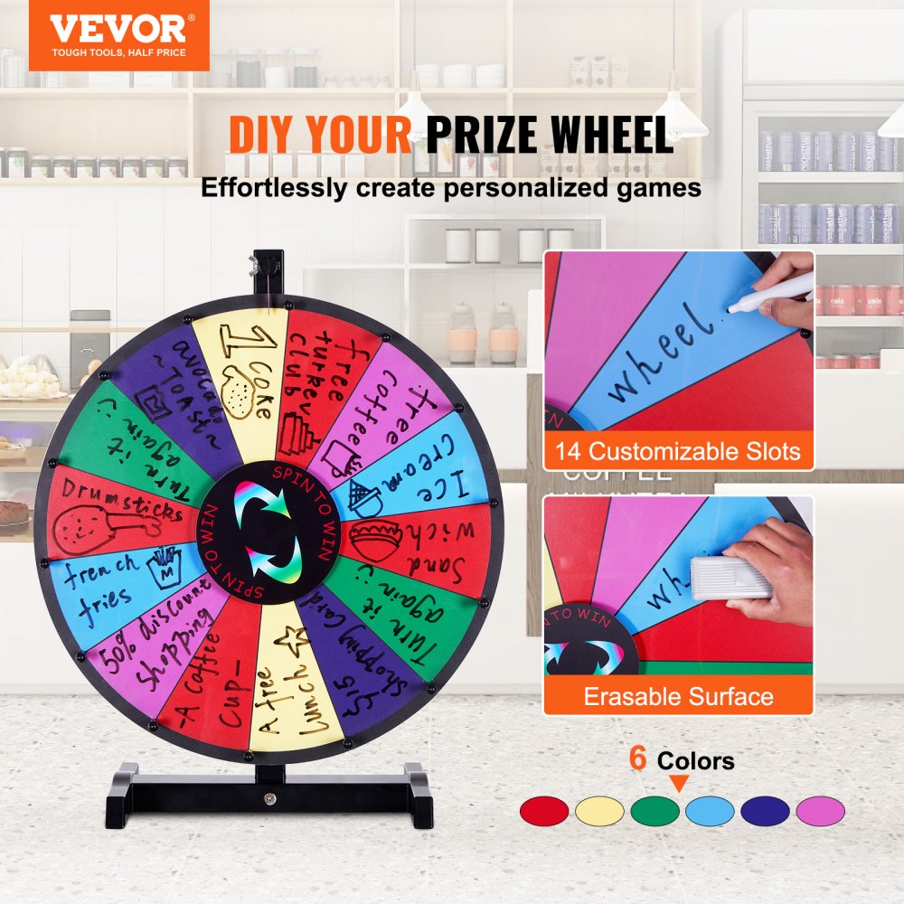VEVOR 18 inch Spinning Prize Wheel, 14 Slots Tabletop Spinner, Heavy Duty Roulette Wheel with a Dry Erase and 2 Markers, Win Fortune Spin Games in Party Pub Trade Show Carnival