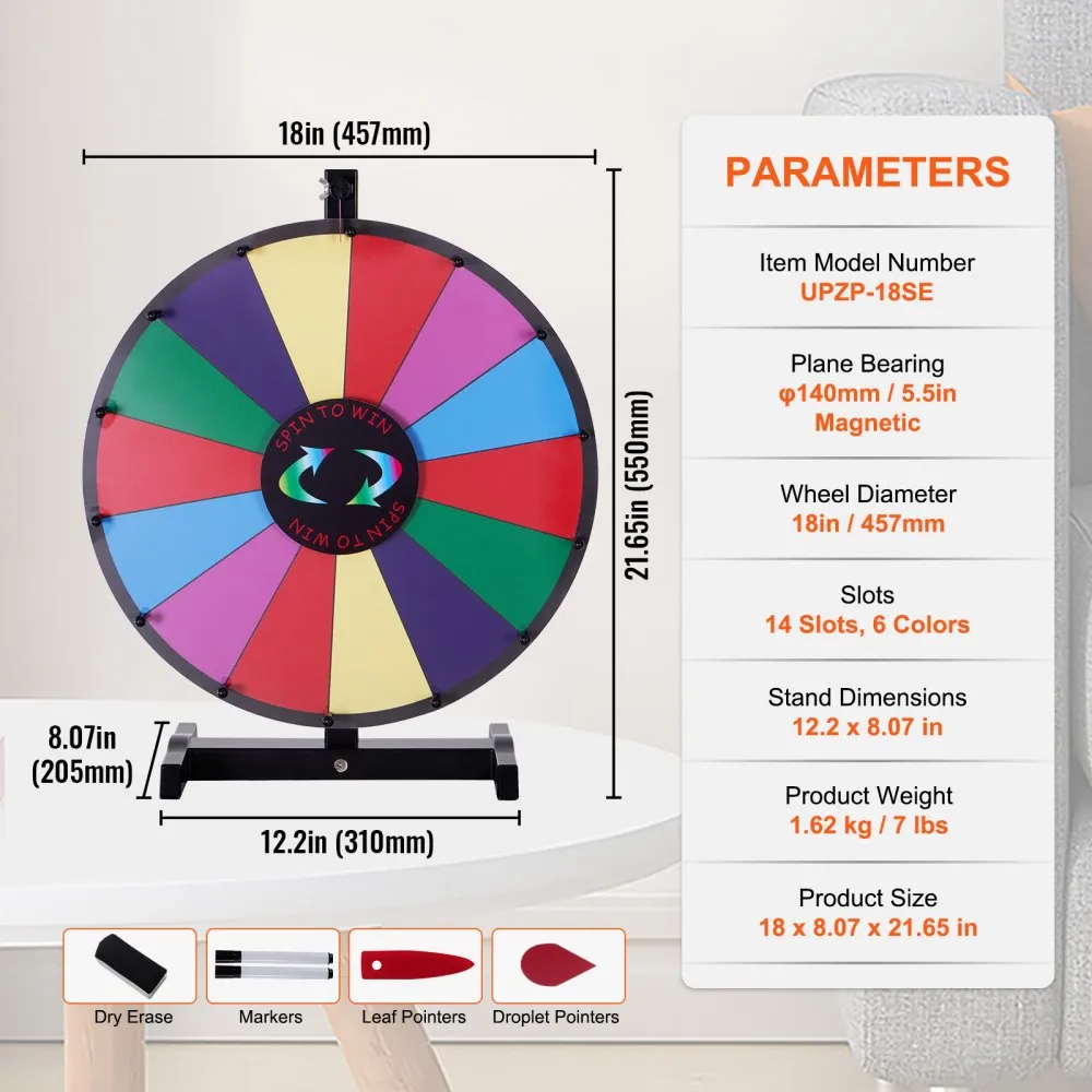VEVOR 18 inch Spinning Prize Wheel, 14 Slots Tabletop Spinner, Heavy Duty Roulette Wheel with a Dry Erase and 2 Markers, Win Fortune Spin Games in Party Pub Trade Show Carnival