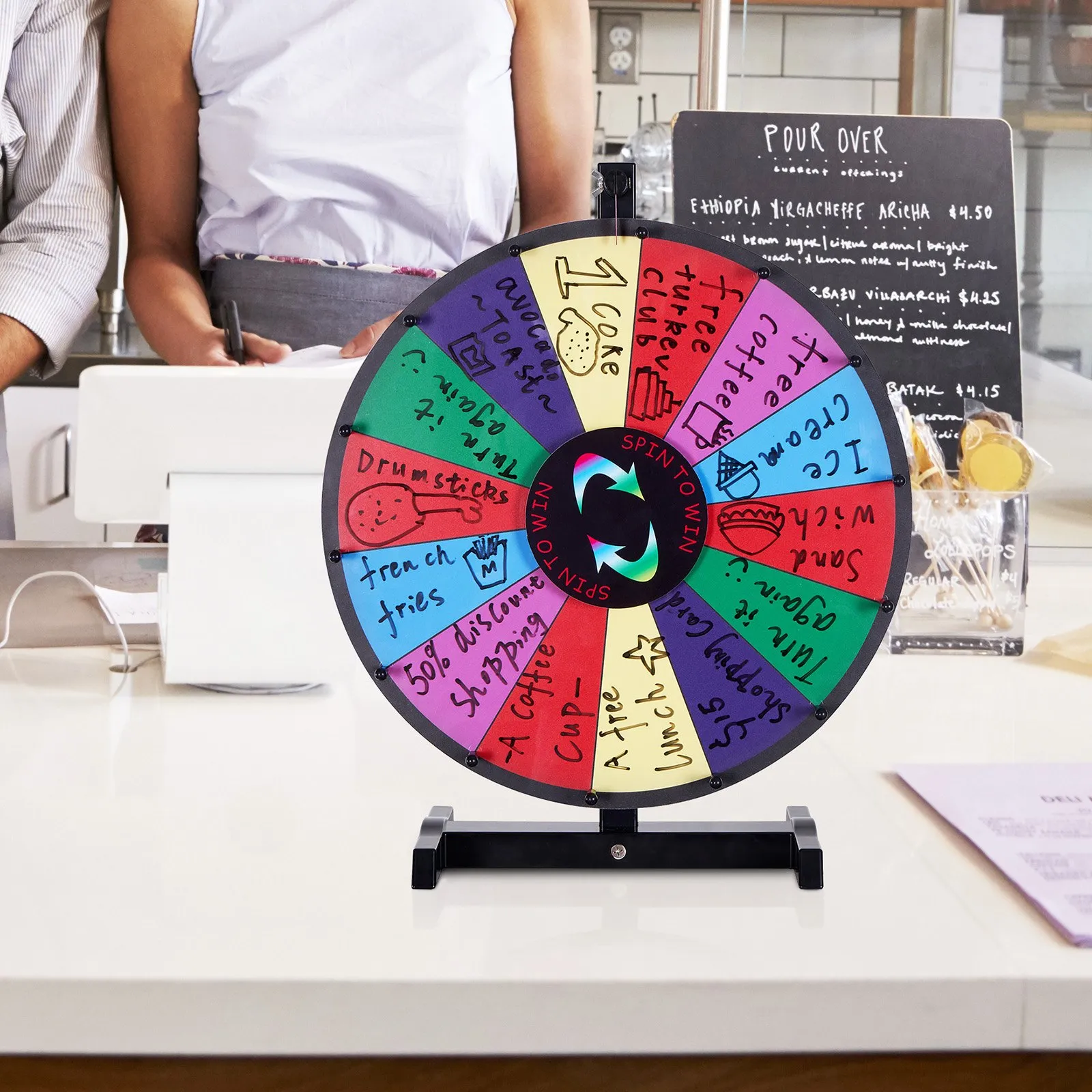 VEVOR 18 inch Spinning Prize Wheel, 14 Slots Tabletop Spinner, Heavy Duty Roulette Wheel with a Dry Erase and 2 Markers, Win Fortune Spin Games in Party Pub Trade Show Carnival