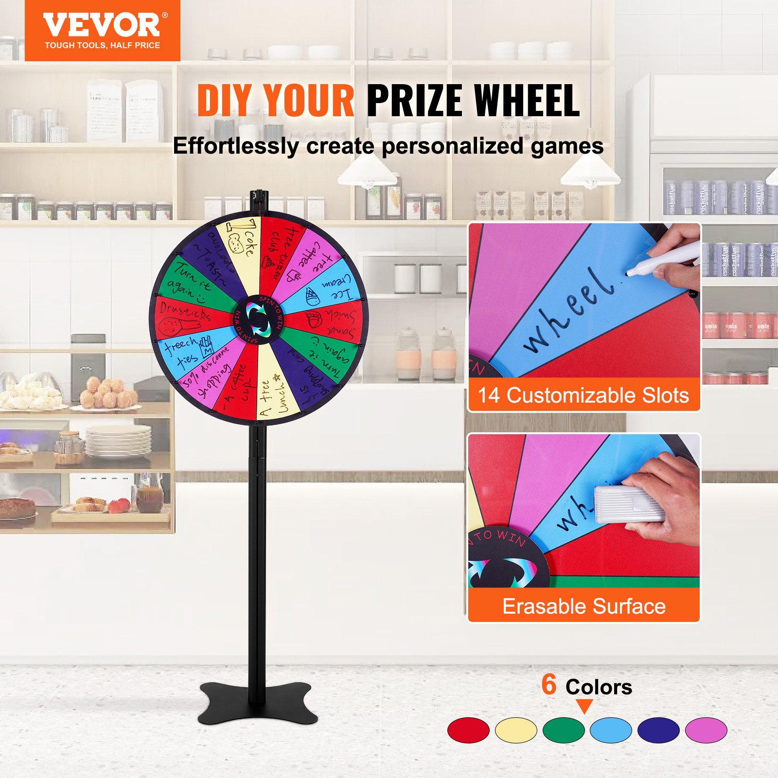 VEVOR spinning prize wheel in a kitchen setting with 14 customizable slots and erasable surface in 6 colors.