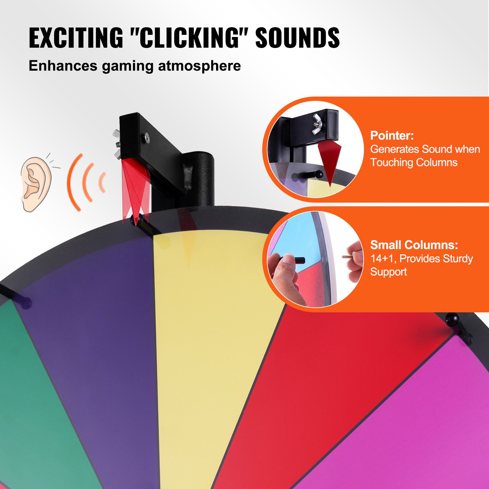 VEVOR spinning prize wheel with clicking sounds, colorful sections, and sturdy 14+1 small columns.