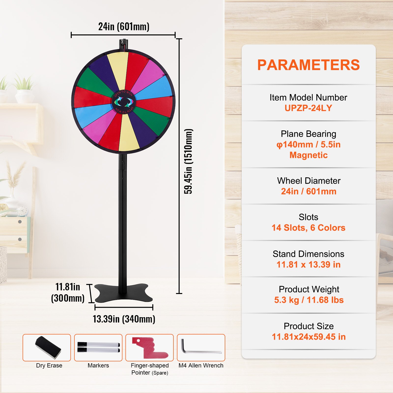 VEVOR spinning prize wheel with 14 slots, 6 colors, 24in diameter, and 59.45in height on a sturdy stand.
