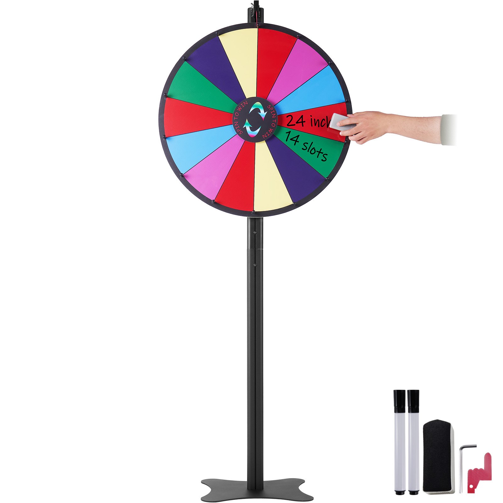 VEVOR spinning prize wheel, 24-inch, 14-color slots, stand, and accessories for events and raffles.