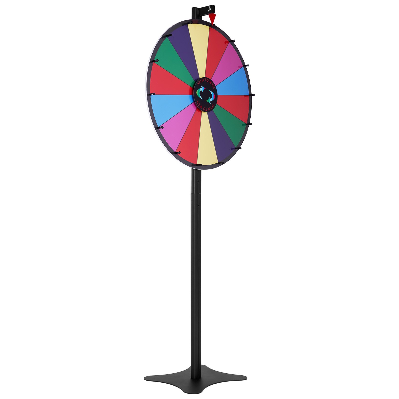 VEVOR spinning prize wheel with multicolored segments on a sturdy black stand.
