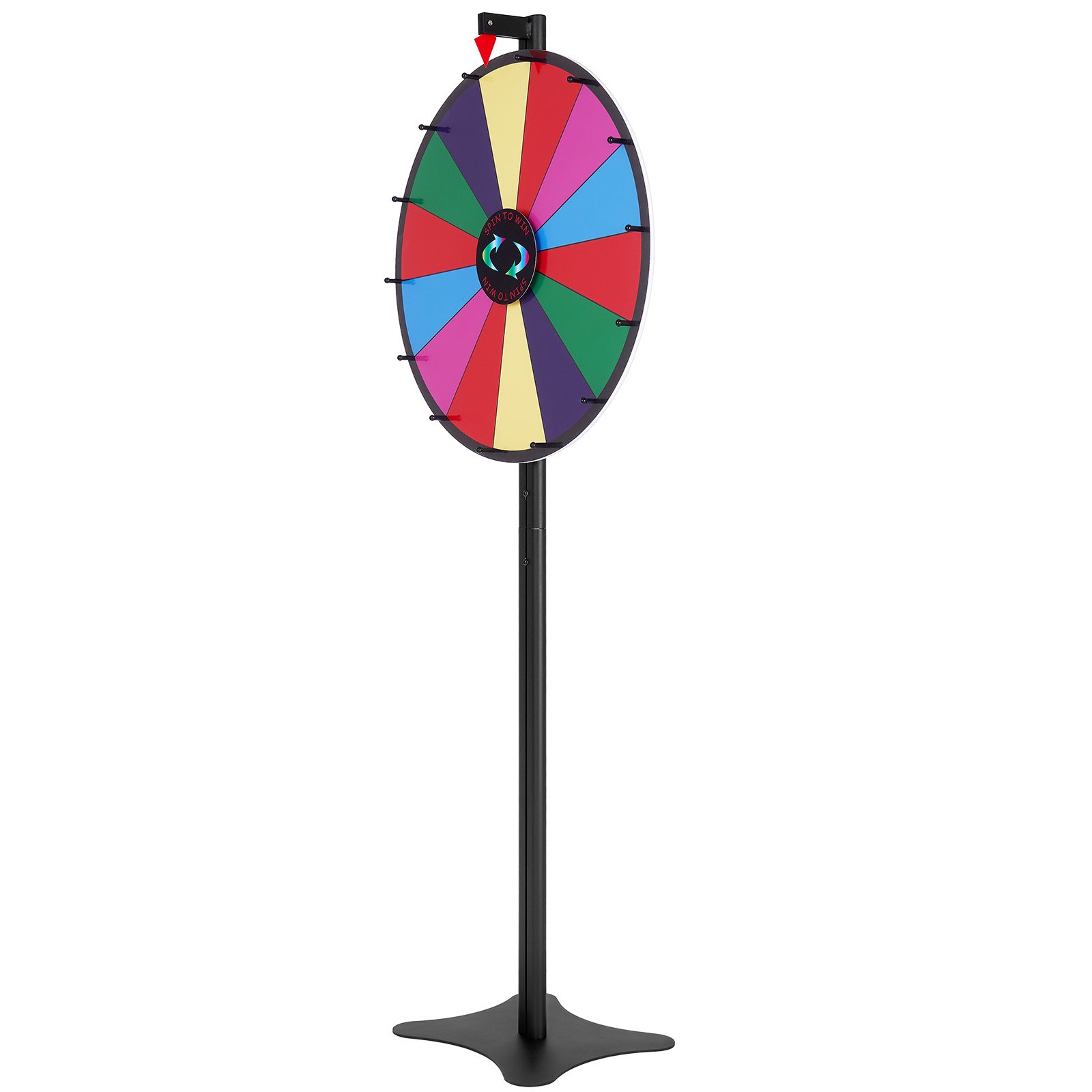 VEVOR spinning prize wheel with colorful sections on a black stand.