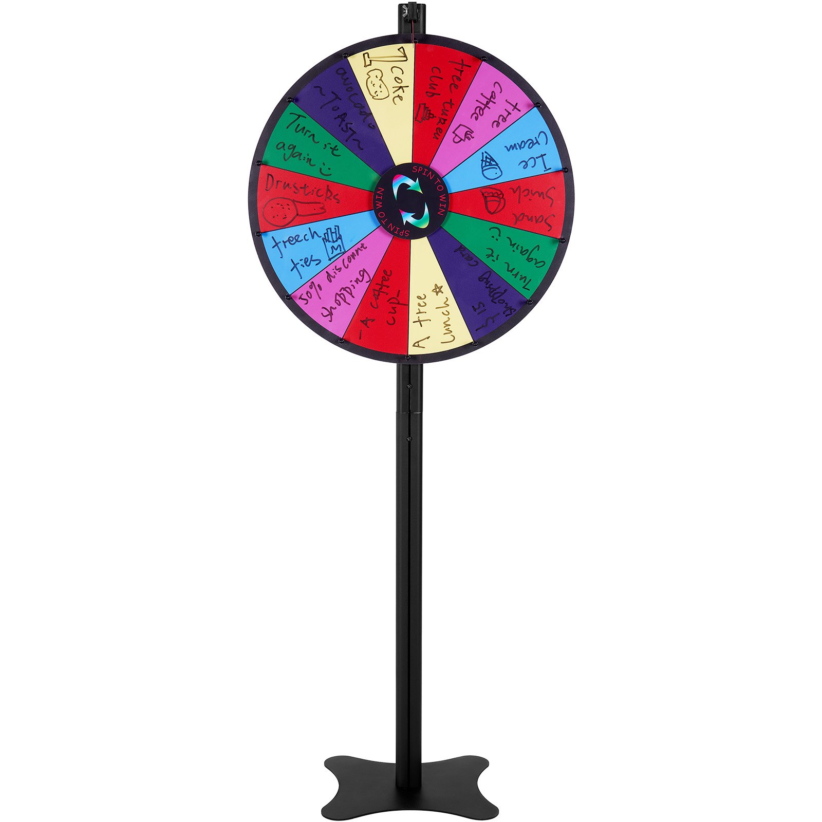 VEVOR spinning prize wheel with a colorful segments and black stand.