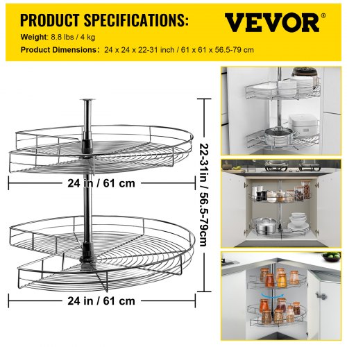VEVOR Kidney Shaped Lazy Susan, 24-inch Diameter, 360°Rotating 2-Shelf Carbon Steel Corner Cabinet Organizer with 66 lbs Total Load Capacity & Adjustable Height, Perfect for Kitchen Cabinet