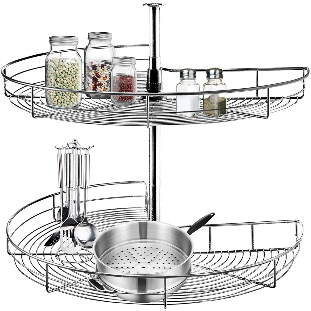 VEVOR Kidney Chrome Lazy Susan, 24-inch Diameter, 360° Rotating 2-Shelf Carbon Steel Blind Corner Cabinet Organizer with 66 lbs Total Load Capacity & Adjustable Height, Perfect for Kitchen Storage