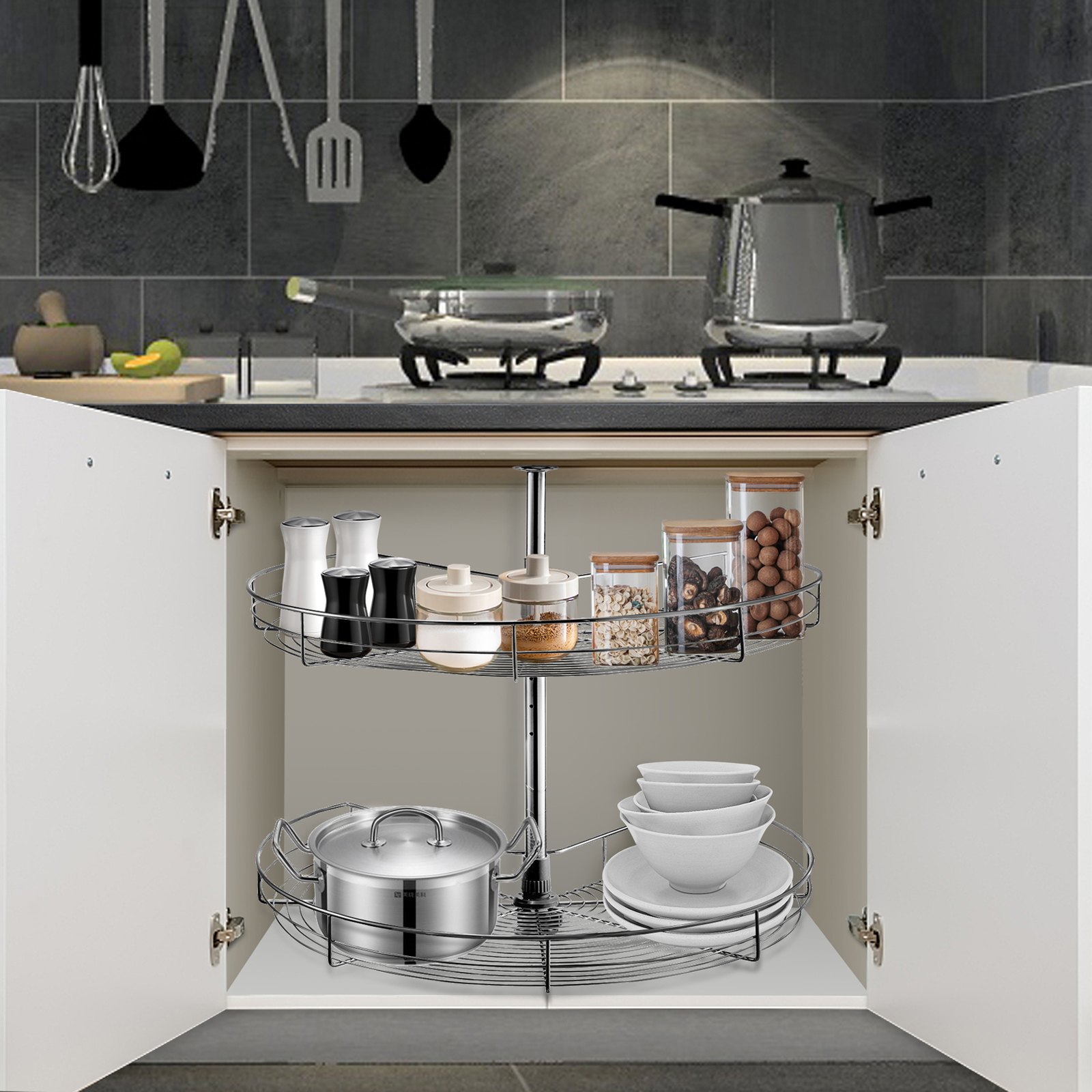 VEVOR Kidney Chrome Lazy Susan, 24-inch Diameter, 360° Rotating 2-Shelf Carbon Steel Blind Corner Cabinet Organizer with 66 lbs Total Load Capacity & Adjustable Height, Perfect for Kitchen Storage