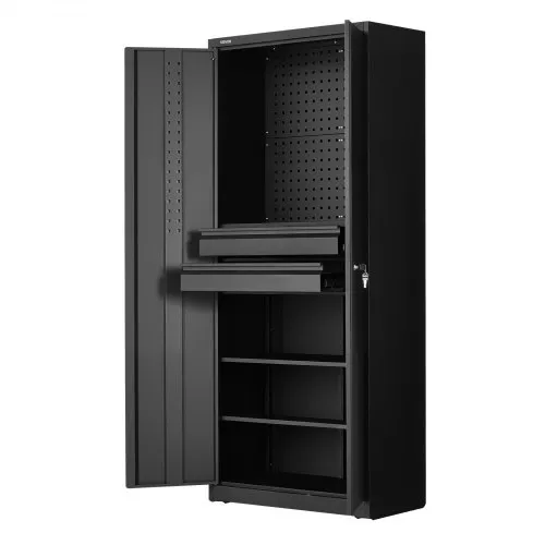 VEVOR Metal Storage Cabinet With Wheels – 75" Tall, 180 Lb Shelf Load, 4 Locking Doors, 2 Drawers, Adjustable Shelves For Garage & Office