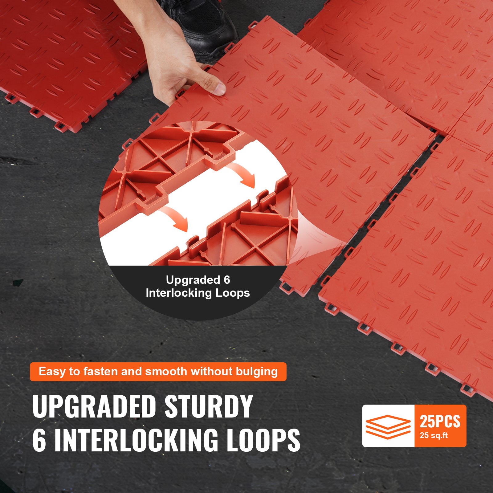 VEVOR Garage Tiles Interlocking, 305 x 305 x 13.4 mm 25 Pack Garage Floor Covering Tiles, Non-Slip Double-Sided Texture Garage Flooring Tiles, for Garages, Basements, Repair Shops, Red