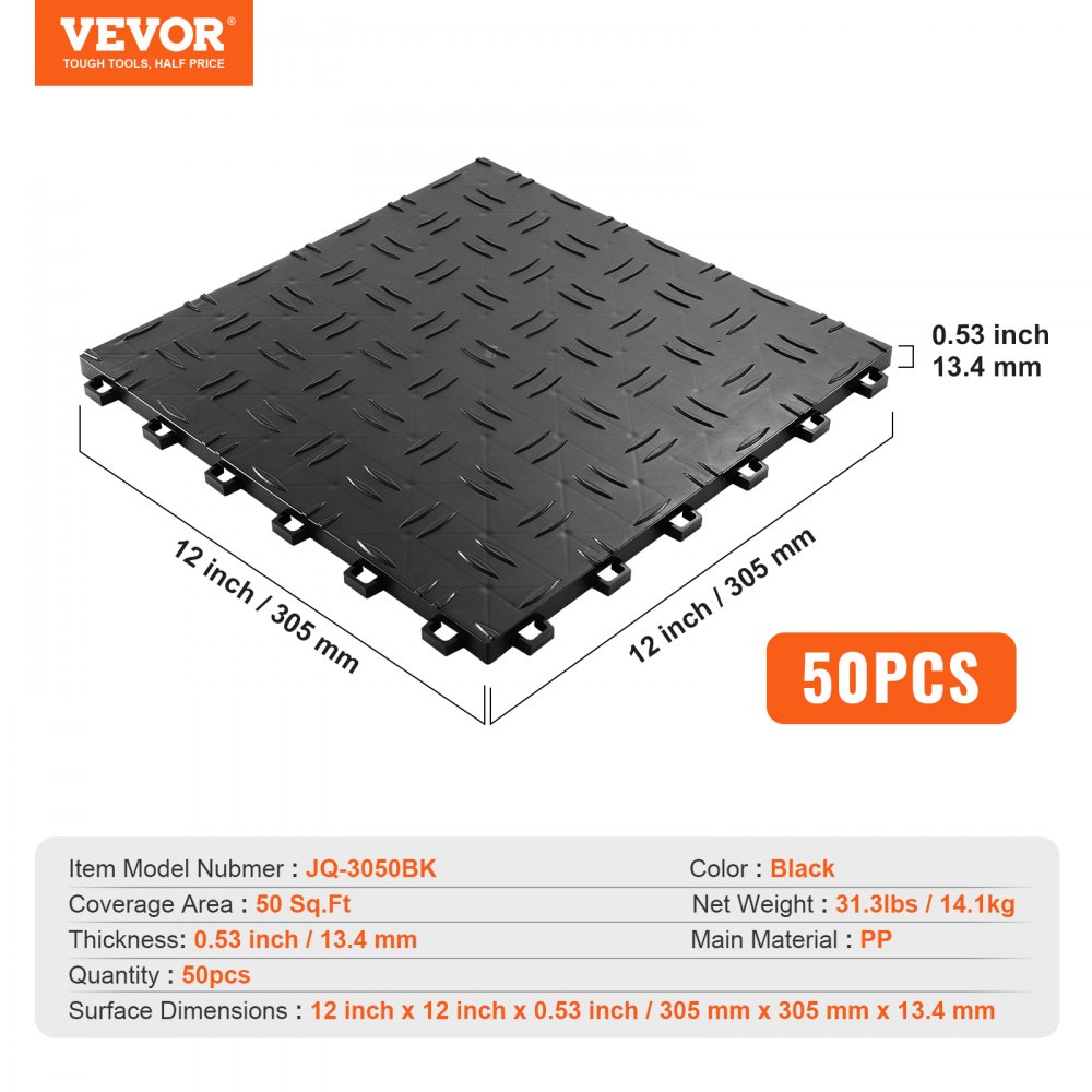 VEVOR Garage Tiles Interlocking, 12 x 12 x 0.53 inch 50 Pack Garage Floor Covering Tiles, Non-Slip Double-Sided Texture Garage Flooring Tiles, for Garages, Basements, Repair Shops, Black