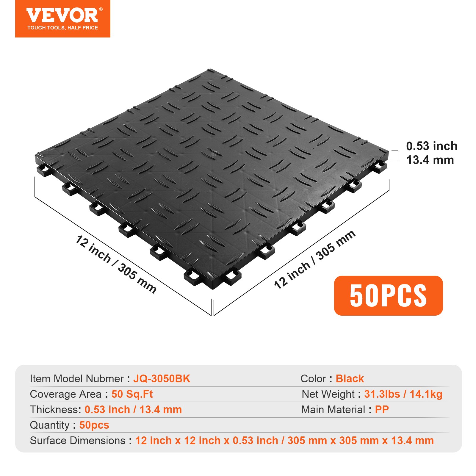 VEVOR Garage Tiles Interlocking, 305 x 305 x 13.4 mm 50 Pack Garage Floor Covering Tiles, Non-Slip Double-Sided Texture Garage Flooring Tiles, for Garages, Basements, Repair Shops, Black