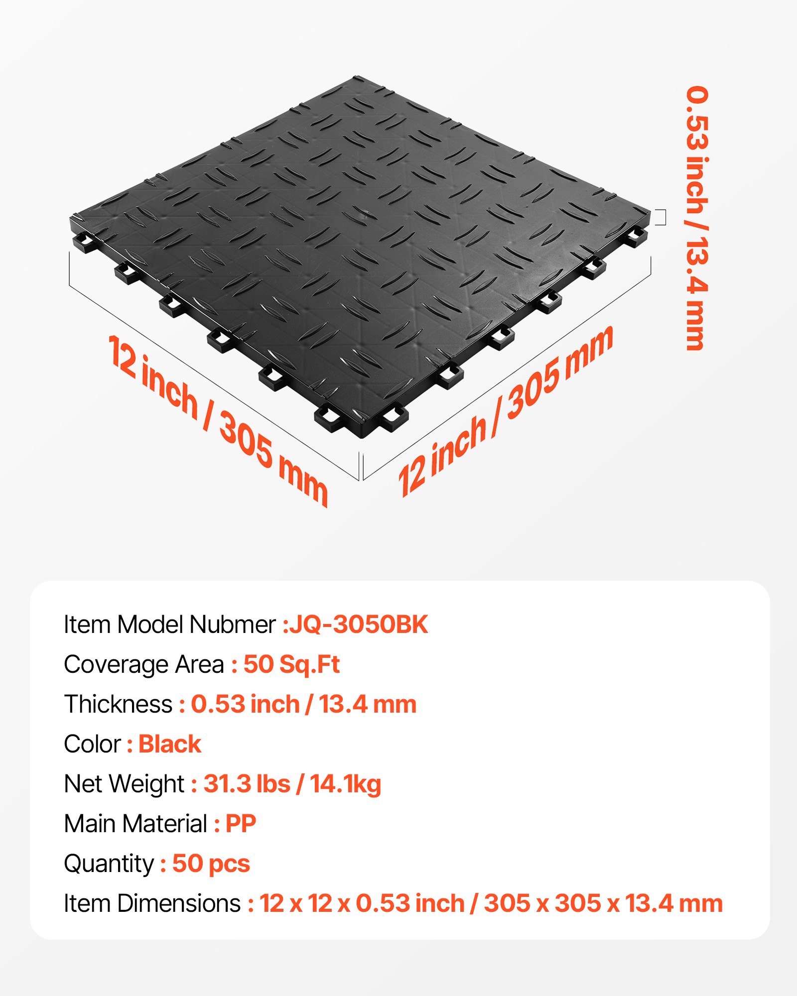 VEVOR Garage Tiles Interlocking, 305 x 305 x 13.4 mm 50 Pack Garage Floor Covering Tiles, Non-Slip Double-Sided Texture Garage Flooring Tiles, for Garages, Basements, Repair Shops, Black