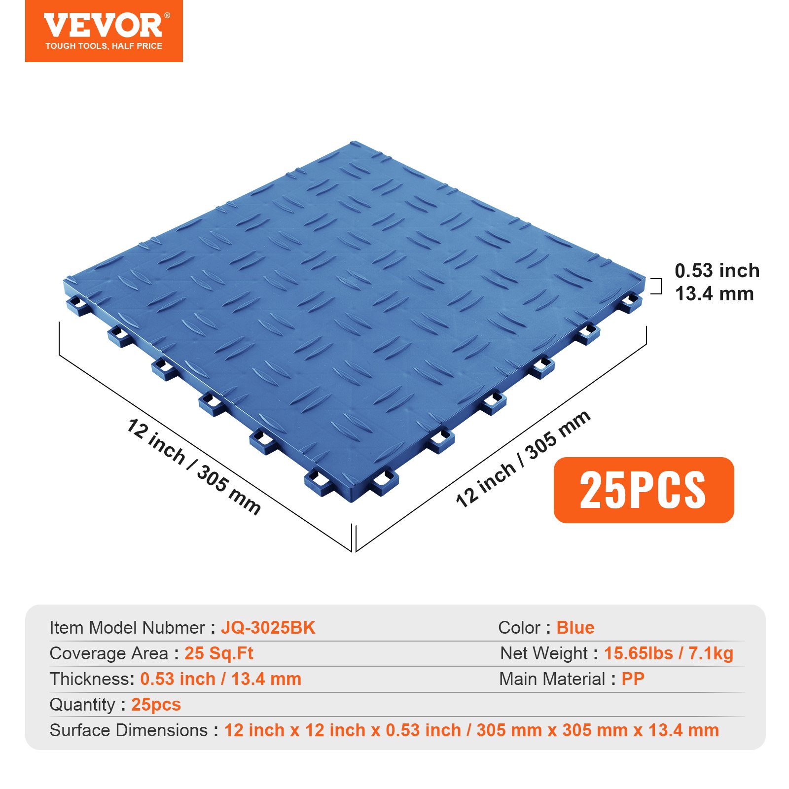 VEVOR Garage Tiles Interlocking, 12 x 12 x 0.53 inch 25 Pack Garage Floor Covering Tiles, Non-Slip Double-Sided Texture Garage Flooring Tiles, for Garages, Basements, Repair Shops, Blue