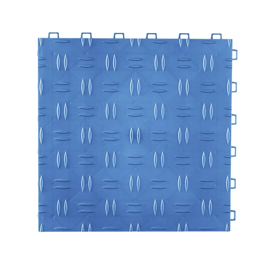 blue VEVOR garage tiles with diamond tread pattern and easy interlocking tabs.