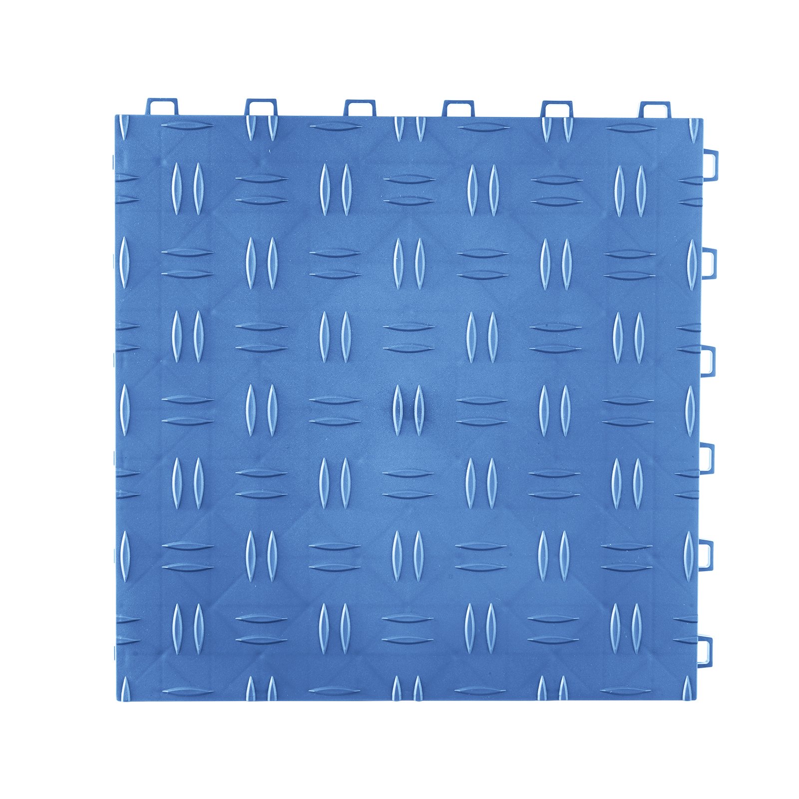 blue VEVOR garage tiles with diamond tread pattern and easy interlocking tabs.