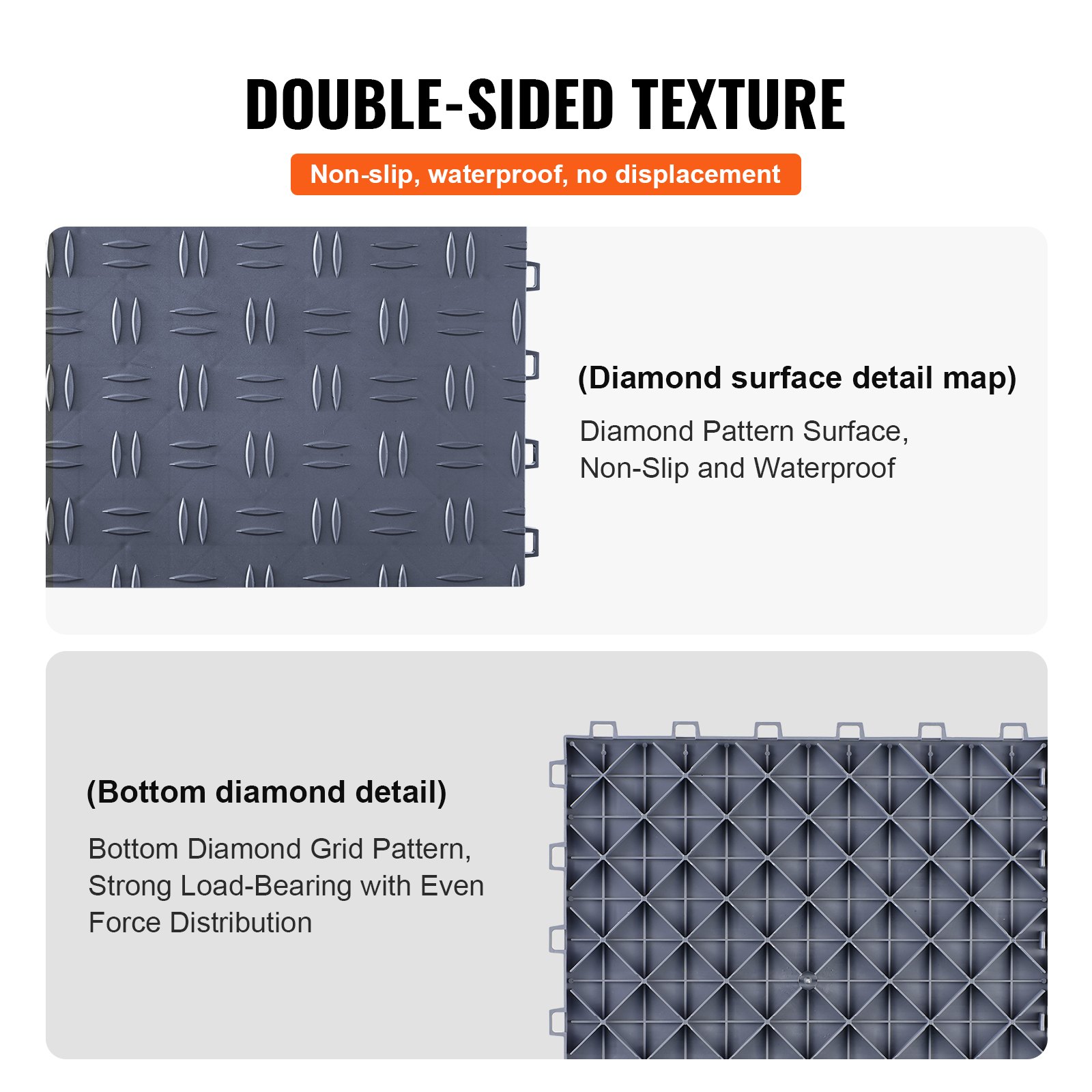 VEVOR garage tiles with double-sided texture, diamond pattern, non-slip, waterproof surface, strong load-bearing.