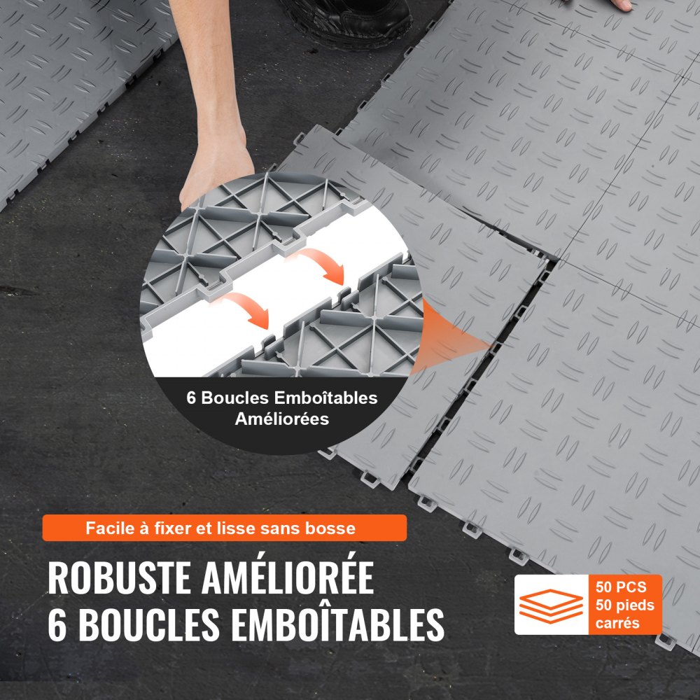 VEVOR Garage Tiles Interlocking, 12 x 12 x 0.53 inch 50 Pack Garage Floor Covering Tiles, Non-Slip Double-Sided Texture Garage Flooring Tiles, for Garages, Basements, Repair Shops, Silver