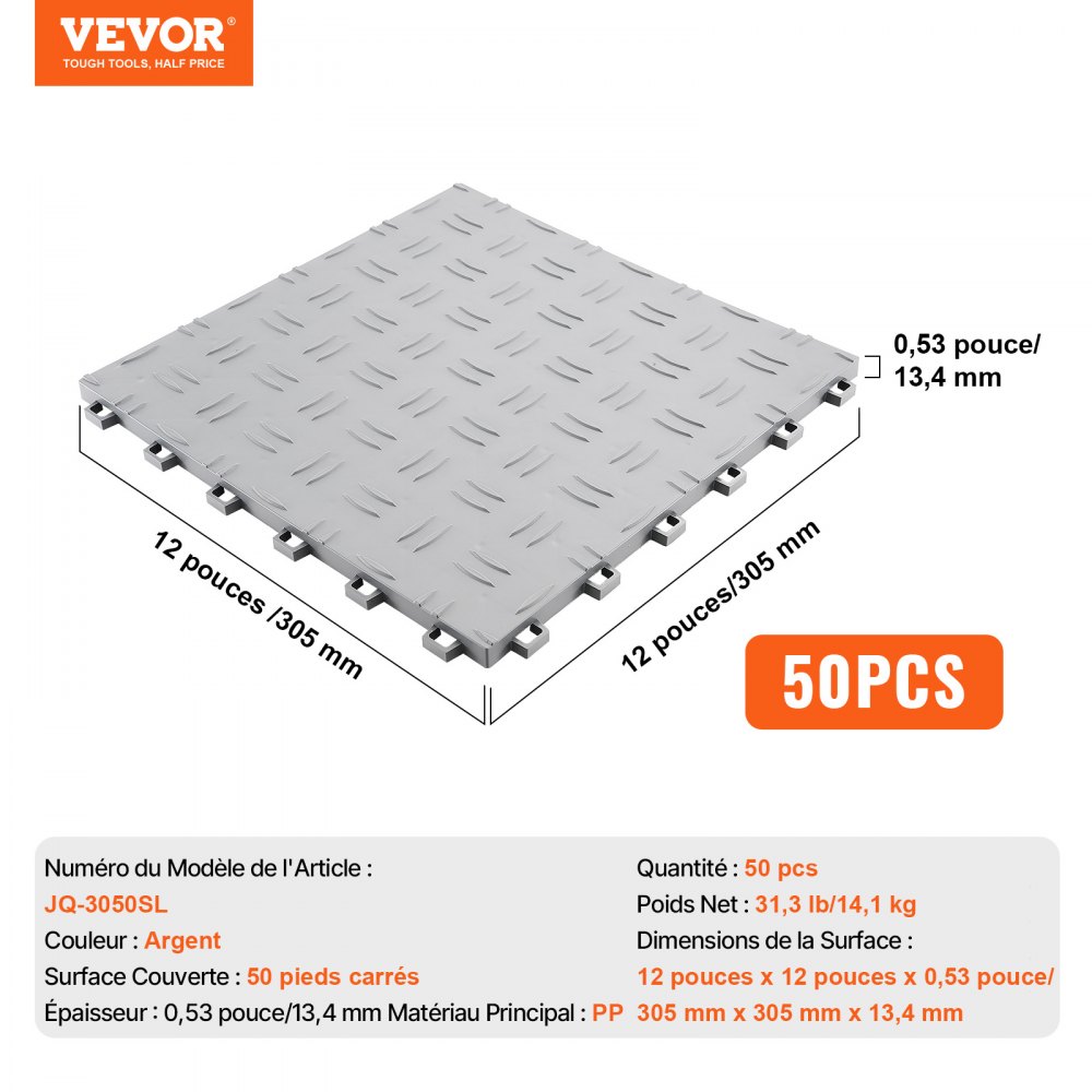 VEVOR Garage Tiles Interlocking, 12 x 12 x 0.53 inch 50 Pack Garage Floor Covering Tiles, Non-Slip Double-Sided Texture Garage Flooring Tiles, for Garages, Basements, Repair Shops, Silver