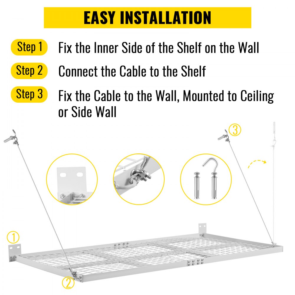 Vevor Storage Shelves Garage 500 Lbs Wall Mount 2' X 4' Shelf 4 Ropes White