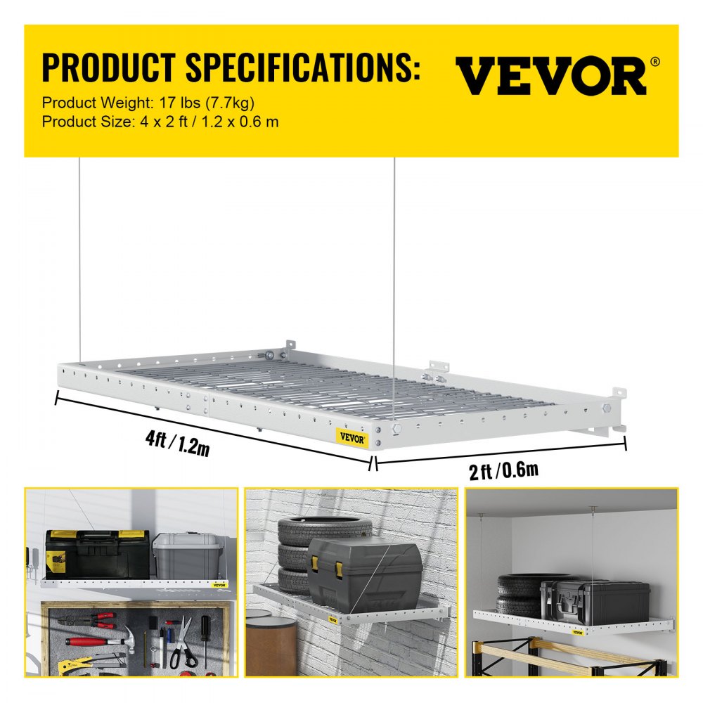 VEVOR - Estantería de pared para garaje de 2 x 4 pies, estantería de acero montada en la pared, estante de almacenamiento superior para garaje, estantes flotantes con capacidad de peso de 220 libras, estante de pared de acero resistente para garaje, color blanco