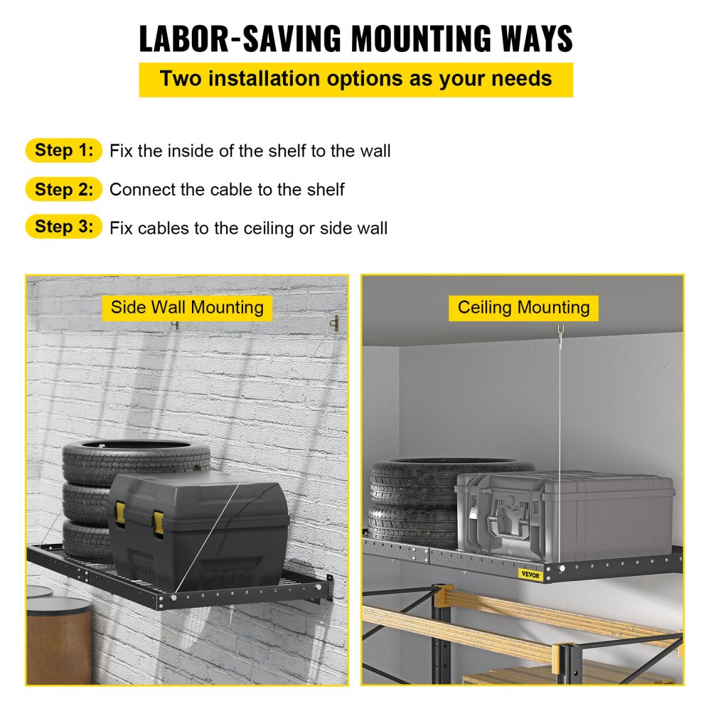 VEVOR Garage Wall Shelf 2 x 4 ft Garage Shelving Wall Mounted Steel Shelf, Garage Overheads Storage Rack, 500 LBS Weight Capacity Floating Shelves, Heavy Duty Steel wall shelf for Garage Black