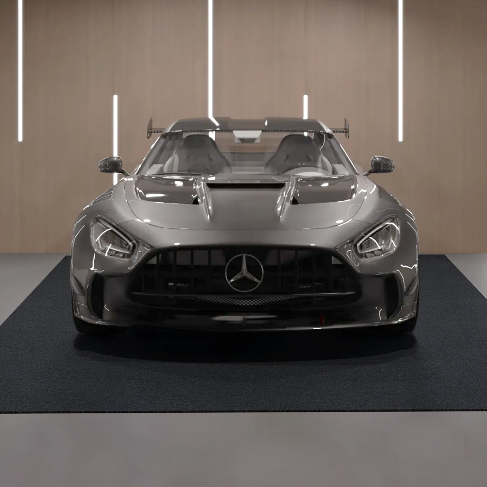 sports car on VEVOR garage floor mat with sleek wooden backdrop and vertical light strips.