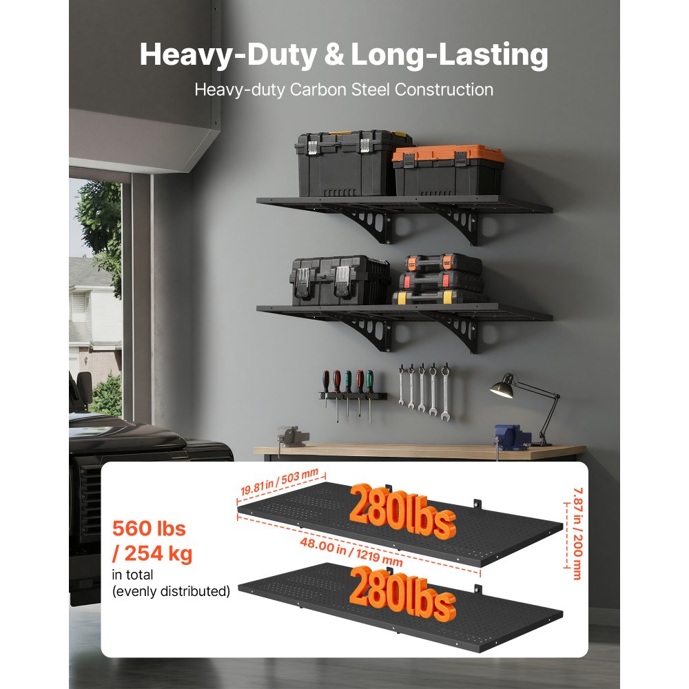 VEVOR 2-Tier Heavy Duty Wall Garage Shelving, 1.64 x 4 ft Steel Wall Mounted Shelving Unit, 19.68 x 48 Inch Per Shelf Floating Storage Metal Rack for Garage with 560 lbs Total Weight Capacity, Black