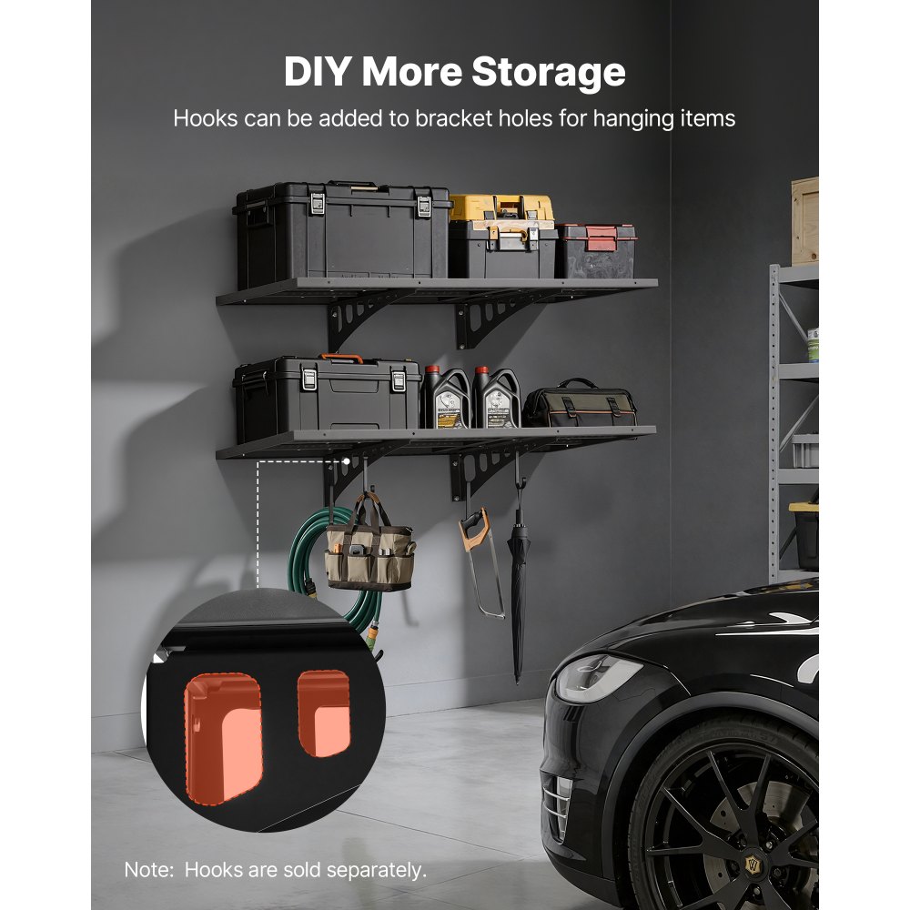 VEVOR 2-Tier Heavy Duty Wall Garage Shelving, 1.64 x 4 ft Steel Wall Mounted Shelving Unit, 19.68 x 48 Inch Per Shelf Floating Storage Metal Rack for Garage with 560 lbs Total Weight Capacity, Black