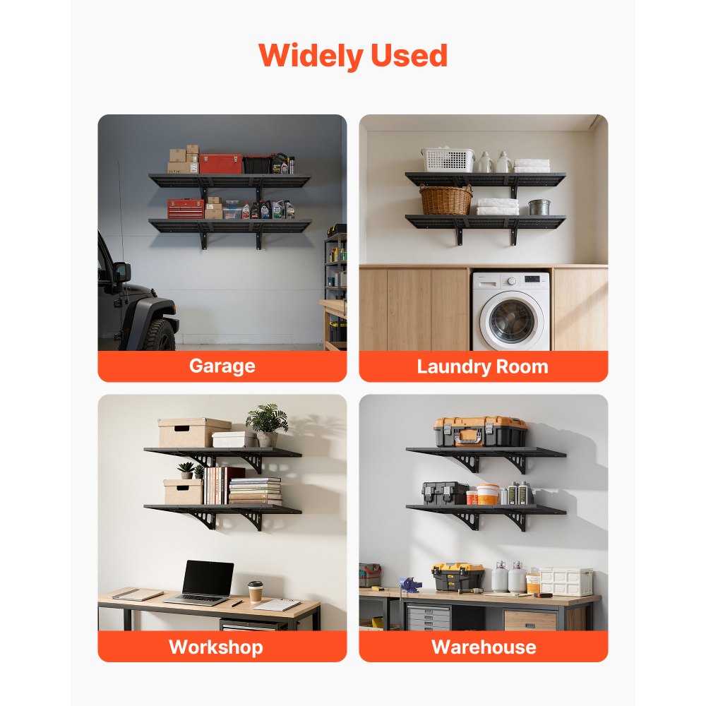 VEVOR 2-Tier Heavy Duty Wall Garage Shelving, 1.64 x 4 ft Steel Wall Mounted Shelving Unit, 19.68 x 48 Inch Per Shelf Floating Storage Metal Rack for Garage with 560 lbs Total Weight Capacity, Black