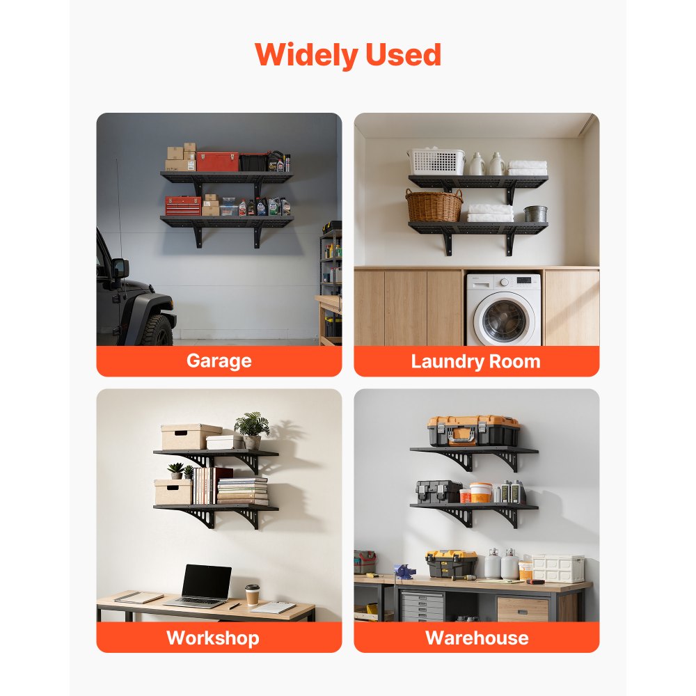 VEVOR 2-Tier Heavy Duty Wall Garage Shelving, 2 x 3 ft Steel Wall Mounted Shelving Unit, 12 x 72 Inch Per Shelf Floating Storage Metal Rack for Garage with 560 lbs Total Weight Capacity, Black