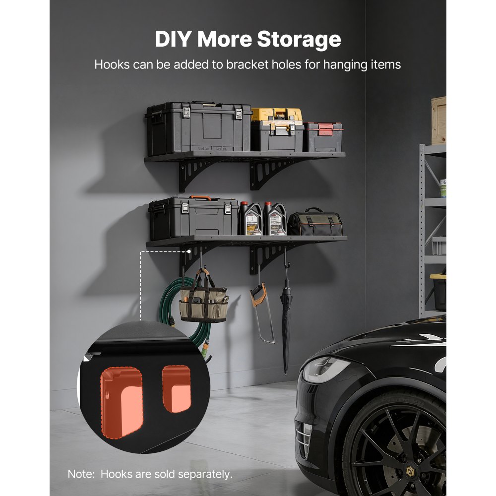 VEVOR 2-Tier Heavy Duty Wall Garage Shelving, 610 x 914 mm Steel Wall Mounted Shelving Unit, 610 x 914 mm Per Shelf Floating Storage Metal Rack for Garage with 254 kg Total Weight Capacity, Black
