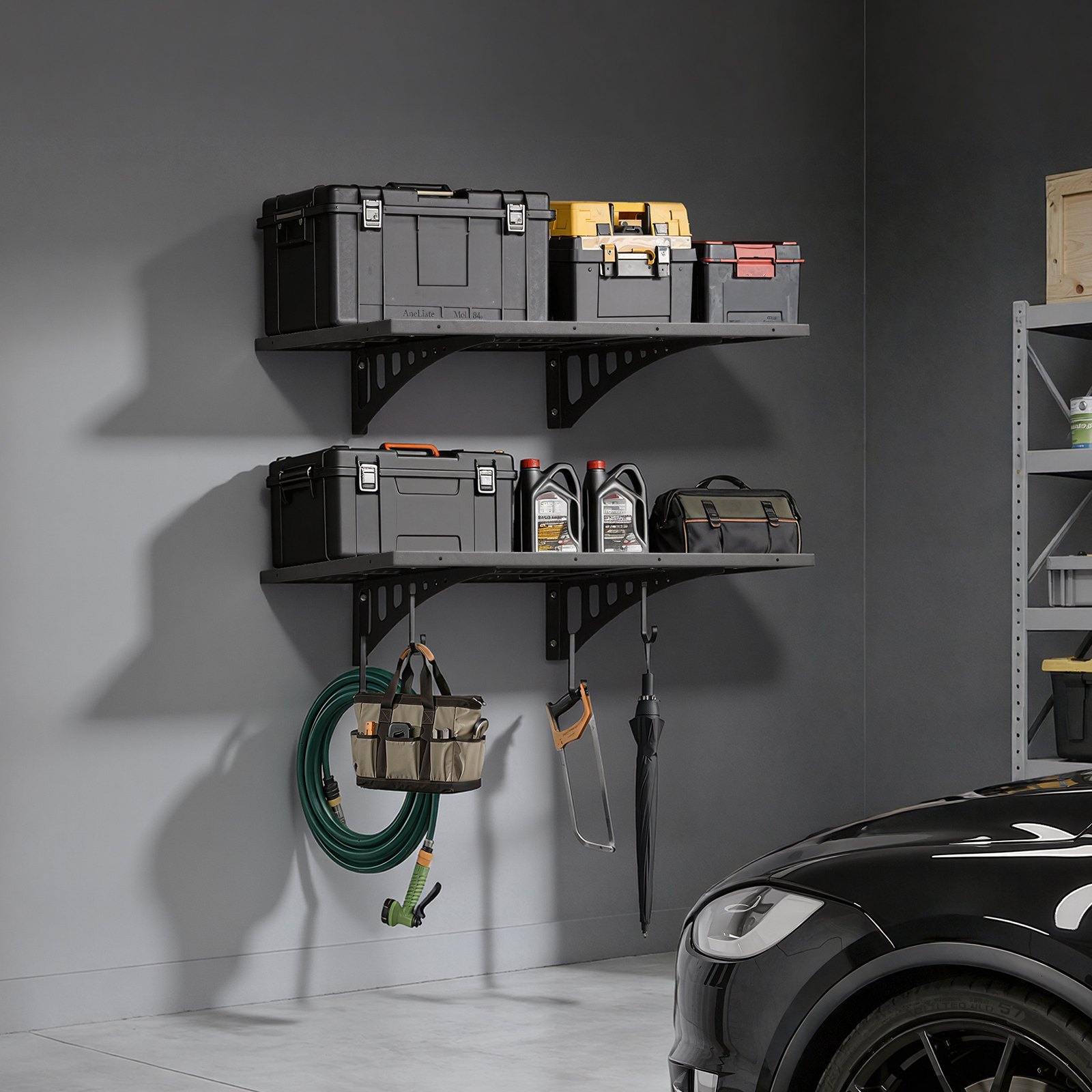 VEVOR 2-Tier Heavy Duty Wall Garage Shelving, 610 x 914 mm Steel Wall Mounted Shelving Unit, 610 x 914 mm Per Shelf Floating Storage Metal Rack for Garage with 254 kg Total Weight Capacity, Black