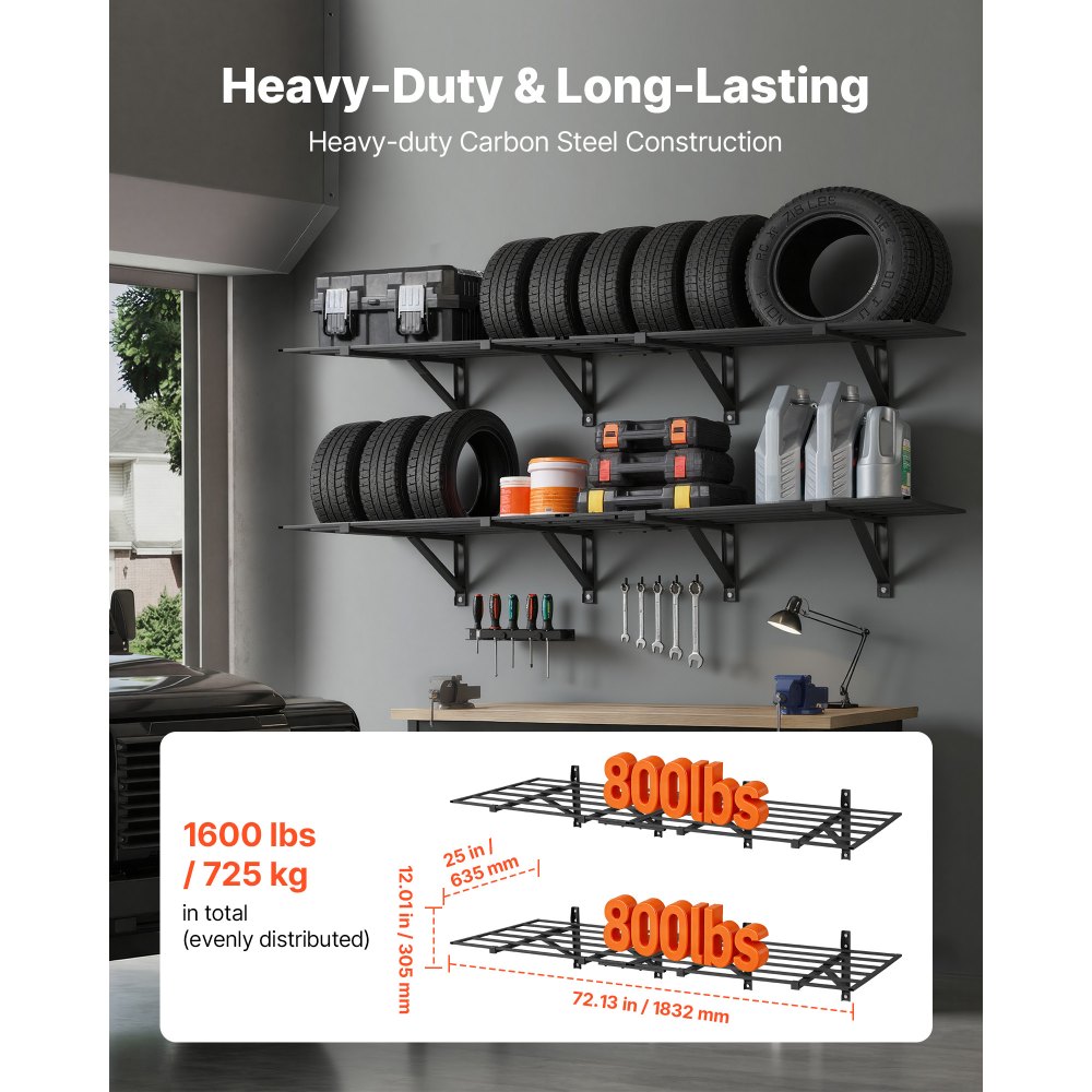 VEVOR 2-Tier Heavy Duty Wall Garage Shelving, 4 Pack 610 x 914 mm Steel Wall Mounted Shelving Unit, 610 x 1828 mm Per Shelf Floating Storage Metal Rack for Garage, 725 kg Total Weight Capacity, Black