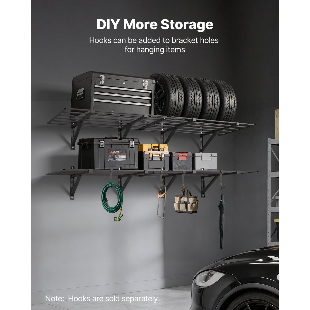 VEVOR 2-Tier Heavy Duty Wall Garage Shelving, 4 Pack 610 x 914 mm Steel Wall Mounted Shelving Unit, 610 x 1828 mm Per Shelf Floating Storage Metal Rack for Garage, 725 kg Total Weight Capacity, Black