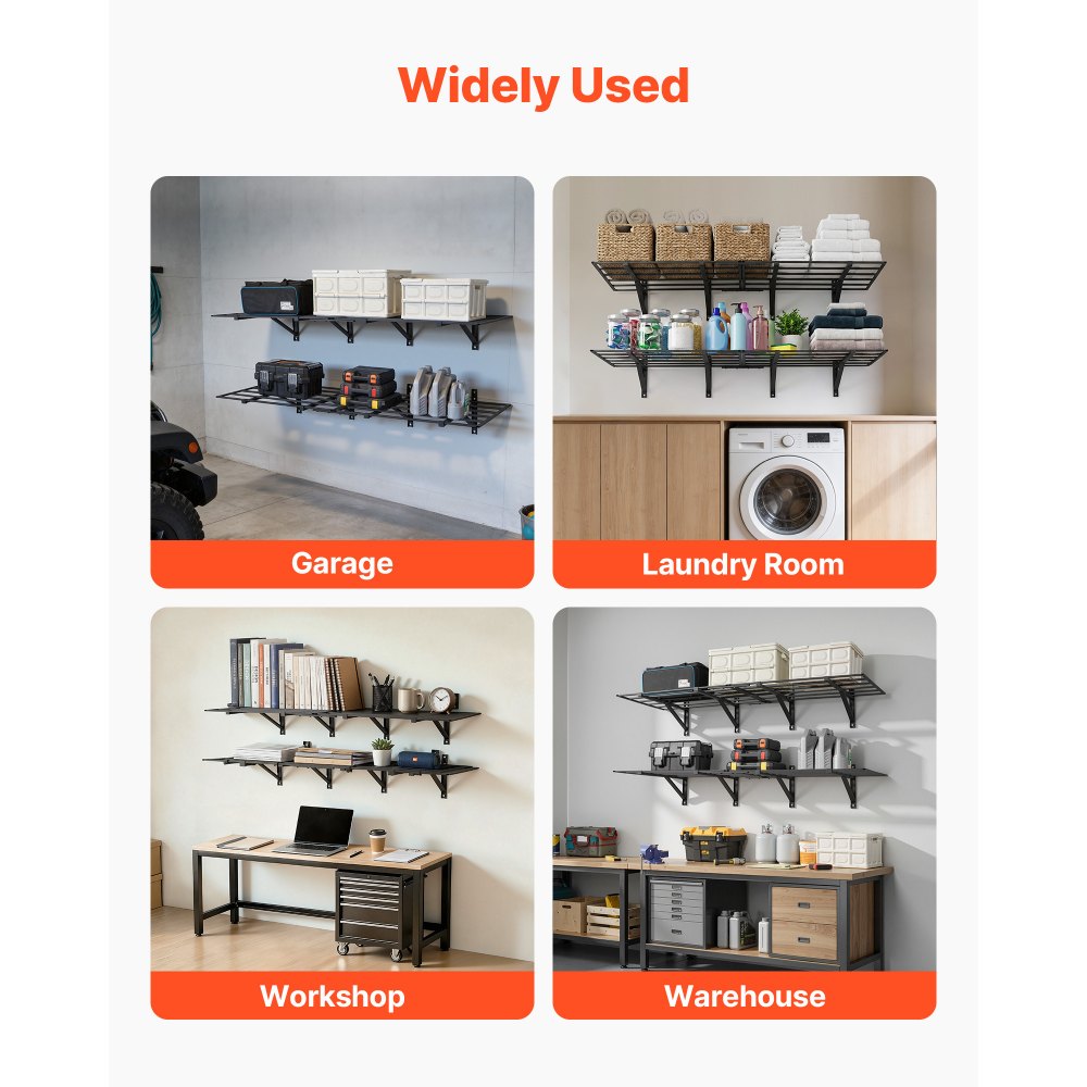 VEVOR 2-Tier Heavy Duty Wall Garage Shelving, 4 Pack 610 x 914 mm Steel Wall Mounted Shelving Unit, 610 x 1828 mm Per Shelf Floating Storage Metal Rack for Garage, 725 kg Total Weight Capacity, Black
