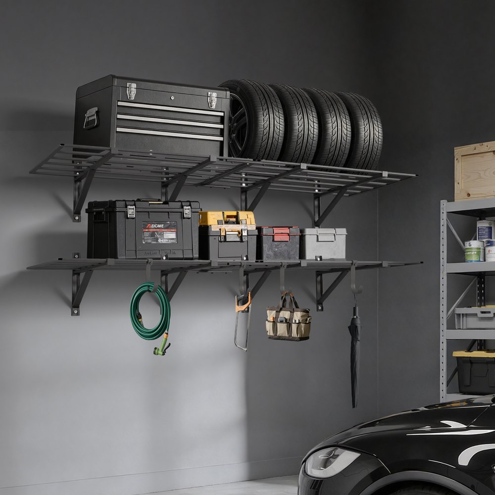 VEVOR 2-Tier Heavy Duty Wall Garage Shelving, 4 Pack 610 x 914 mm Steel Wall Mounted Shelving Unit, 610 x 1828 mm Per Shelf Floating Storage Metal Rack for Garage, 725 kg Total Weight Capacity, Black