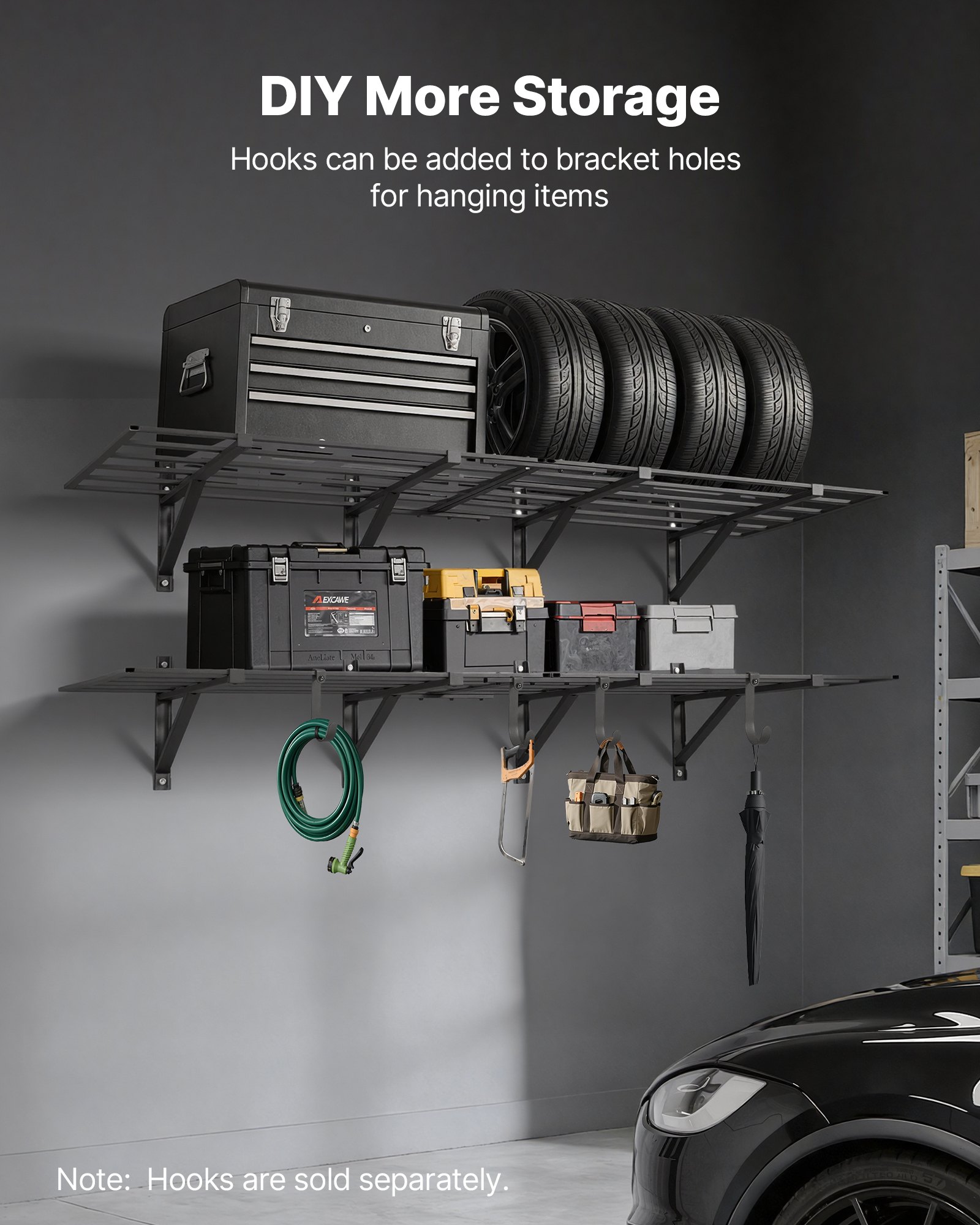 VEVOR 2-Tier Heavy Duty Wall Garage Shelving, 4 Pack 610 x 914 mm Steel Wall Mounted Shelving Unit, 610 x 1828 mm Per Shelf Floating Storage Metal Rack for Garage, 725 kg Total Weight Capacity, Black